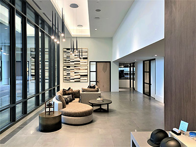 Photograph of the newly-constructed lobby at the Oak Brook Commons residential project